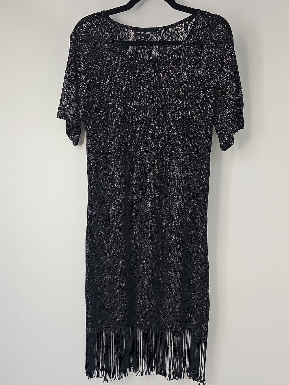 VTG Sharade Nites 1920s-Vibe Flapper Dress Black & Metallic Silver wFringe Hem